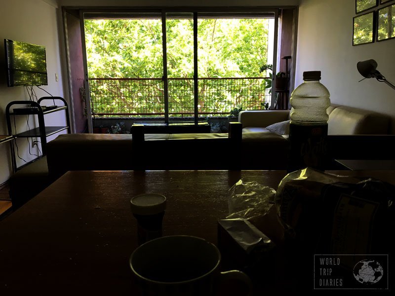 The living room facing a big window with green tree leaves on the outside. It was one of the most perfect Airbnbs for families we've ever rented. In Montevideo, Uruguay.