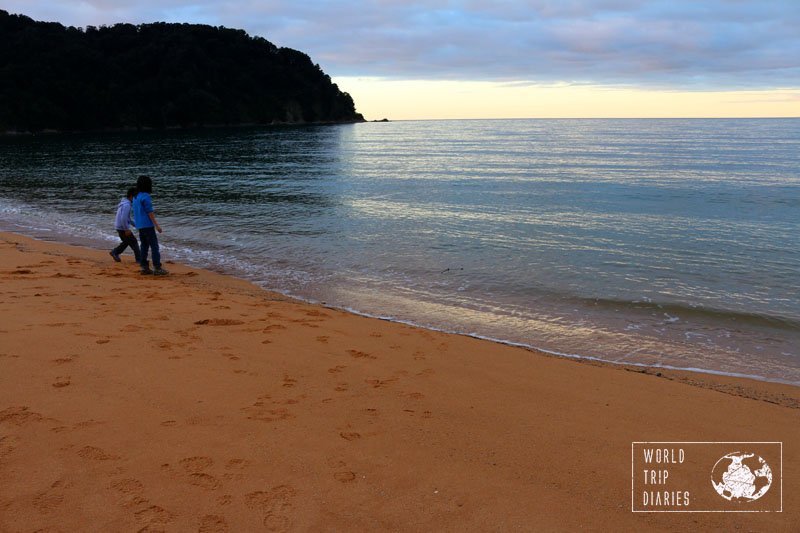 two boys playing at the border between the sea and the sand at sunset. Totaranui Beach in Golden Bay (NZ) is the perfect beach! Click for more!