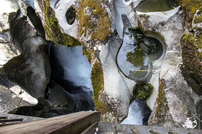 The Chasm, at Fiordland National Park,NZ. It a crack on the rocks made by water and pebbles. The designs are wonderful. There's no other word for it!