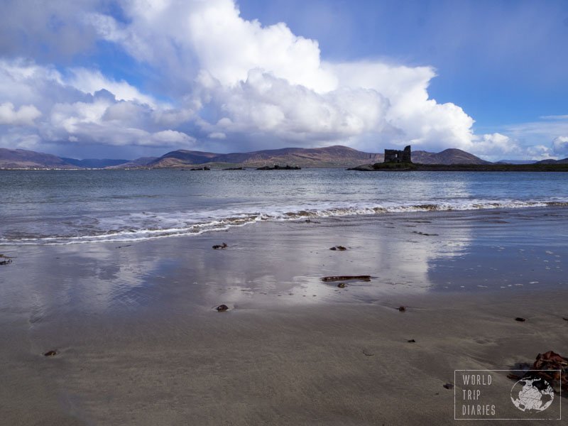 Ballinskellig Bay with the shallow waters reflecting the clouds and the blue skies, and the castle ruins at the back. Castle ruins are even more romantic than the actual well kept castles, aren't they? The UK is full of them!