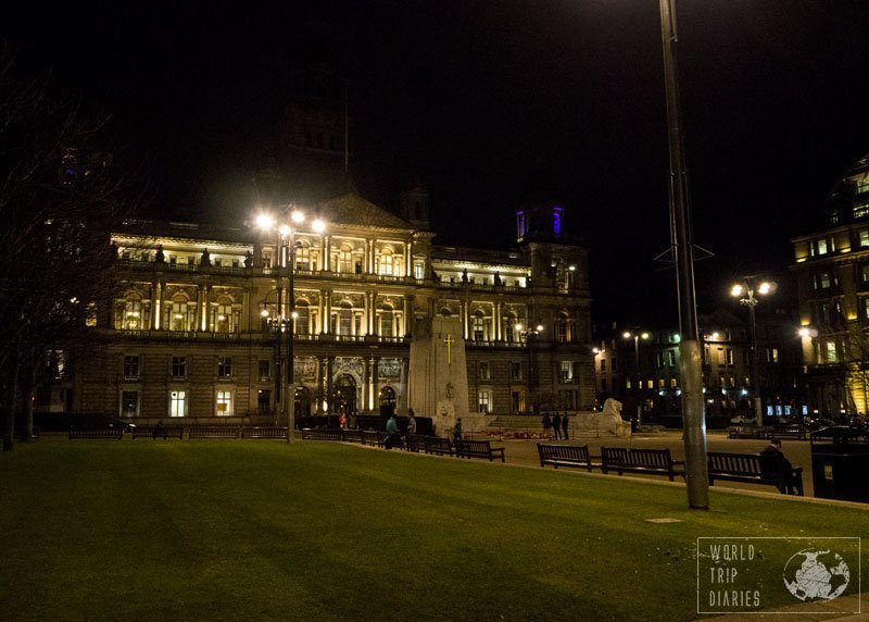 George's Square at night, in Glasgow, Scotland. It's a good place to run, have a picnic, and this is where the tours depart and arrive, mostly. 