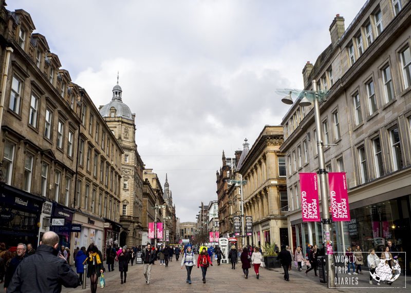 Buchanan Street, in Glasgow, Scotland. It's one beautiful street filled with stores, cafes, and it's free of cars. Perfect for little kids!